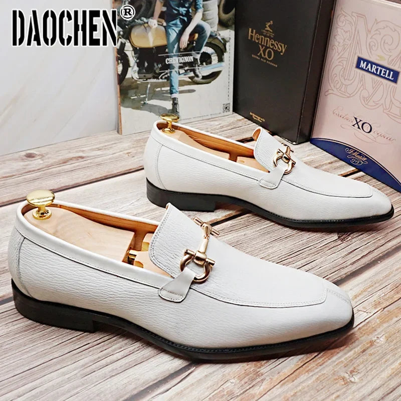 Maxy Luxury Men Leather Shoes Black White Horsebit Loafers Slip on Formal Men Dress Shoes Wedding Office Casual Shoes For Men