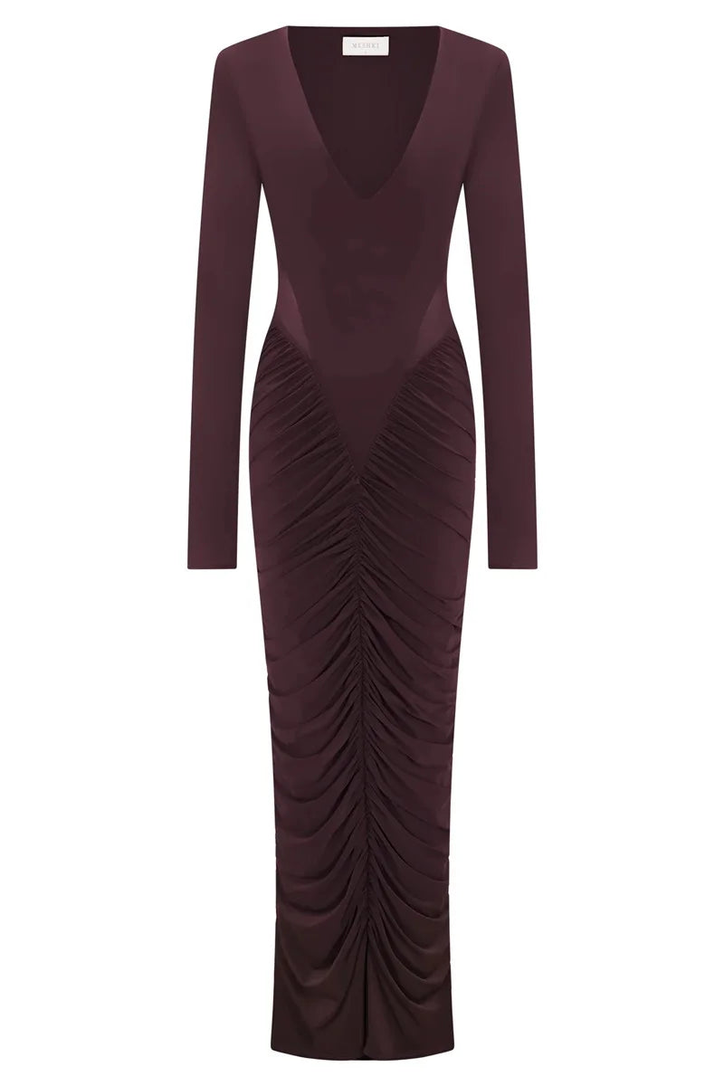 Maxy Burgundy Black Women Prom Dress V Neck Full Sleeve Sexy Elegant Ruffles Long Wedding Party Gown Formal Evening Birthday Robe