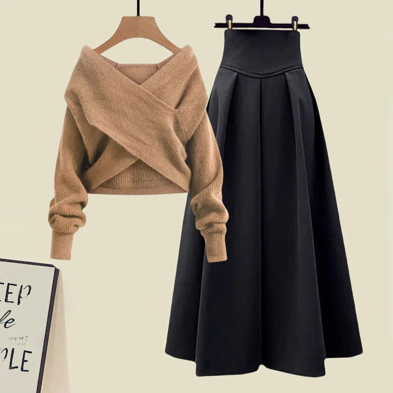 Maxy Style Autumn New Chest Cross Knitted Sweater Pullover Pleated Half Skirt Two-piece Set Fashionable Women's Skirt Set