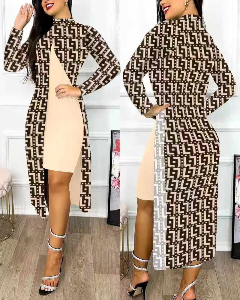 Maxy Two Piece Set Women Print Dresses Sets Full Sleeve Half High Collar Split Cardigan Dress Suits Elegant A Line Office Lady