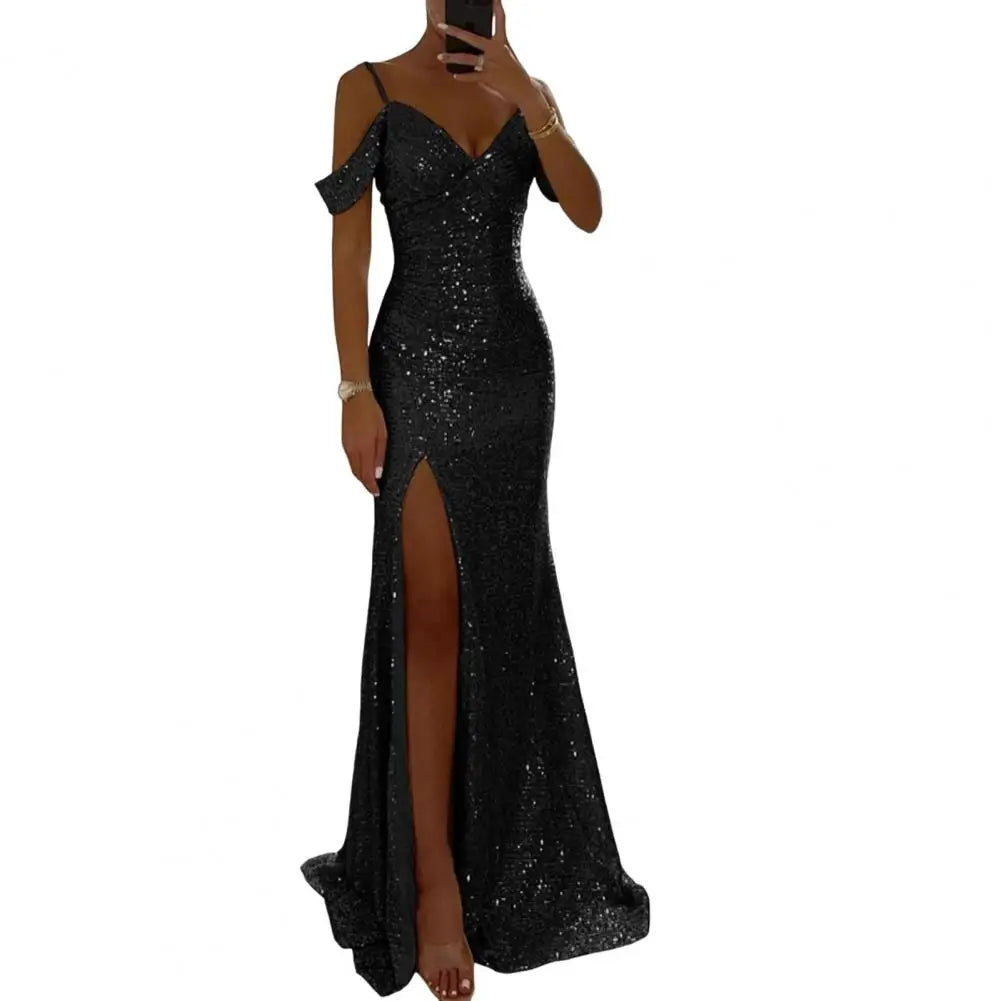 Amay V Neck Dress Elegant Sequin Ball Gown for Prom Wedding Parties Off Shoulder V Neck Maxi Dress with Side Slit Slim Fit Banquet
