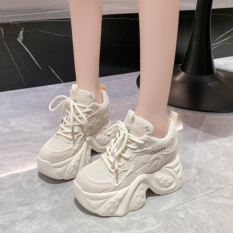 Maxy Spring Autumn High Top Leather Casual Shoes Comfy Breathable Mesh High Platform Shoes 10CM Wedge Heels Walking Chunky Sneakers