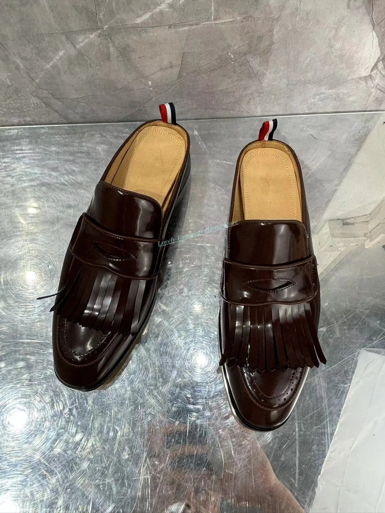 Visco Fashion Men's Fringe Decoration Genuine Leather Mules Shoes Comfortable Slip On Round Toe Male Summer Brown Slippers Shoes