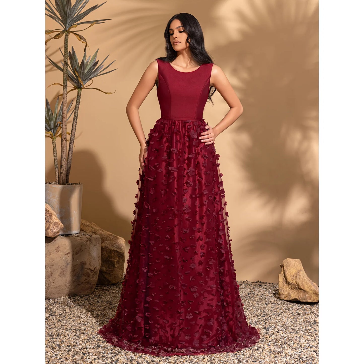 Maxy Satin round neck sleeveless flower embellishment A-line dress