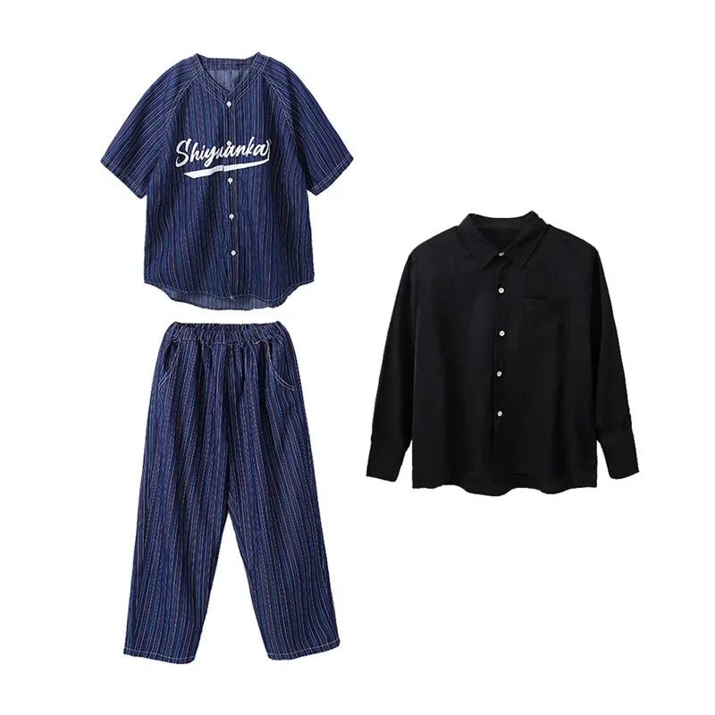 Maxy Kids Boys Girls Stripe Denim Shirts Pants Suits Sets Fashion Streetwear Baseball Shirt Pant Children Tracksuits Hip Hop Clothing