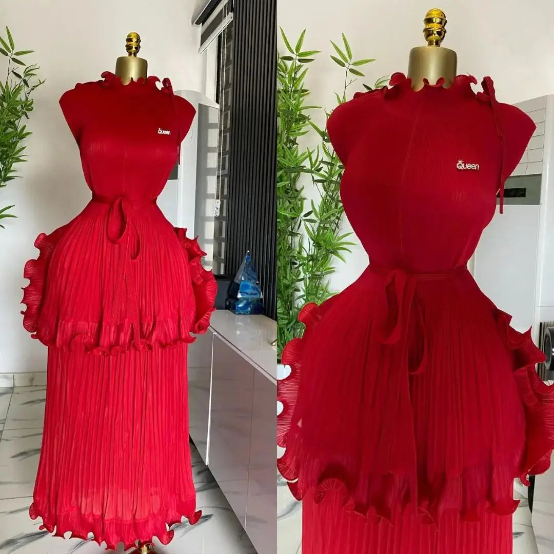 Maxy Summer New Pleated Dress Women's Solid Sleeveless Ruffles Lace Bottom Skirt with Belt Fashion Female Dresses