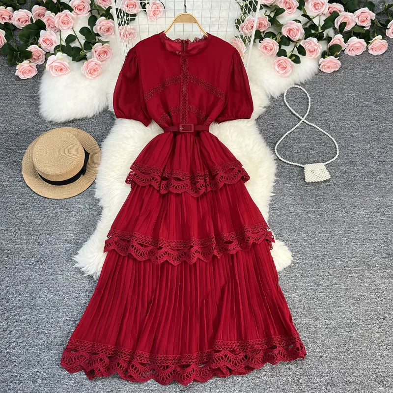 Maxy French dress Summer new high-waisted slimming bubble sleeve chiffon patchwork lace cake dress