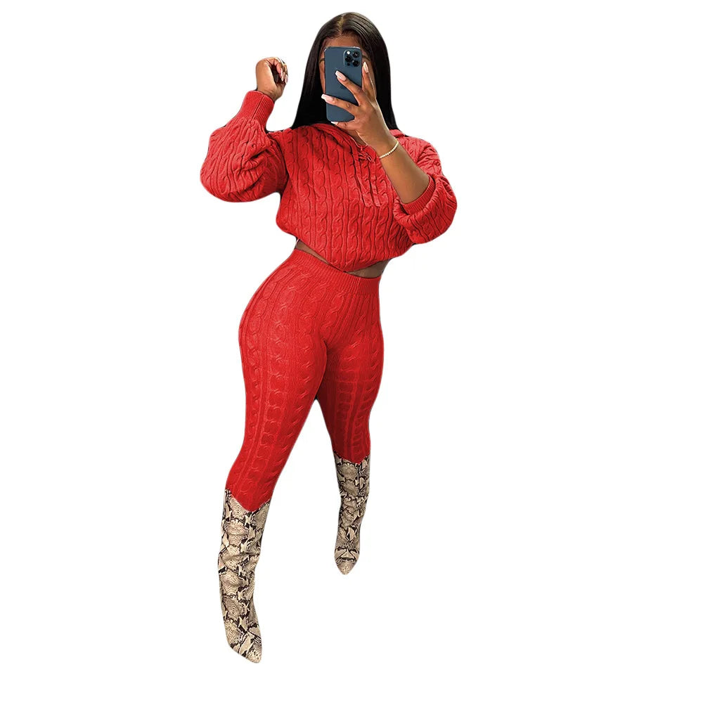 Maxy Fall Winter Women Knit Sweater Matching Sets Skinny Hoodies and Pants Clothing Casual Loungewear 2 Two Piece Outfits