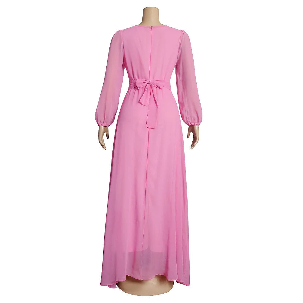 Amay Plus Loose Fitting Women's Patchwork Round Neck Long Sleeved Socialite High Waisted Dress Leisurely Vacation Robe