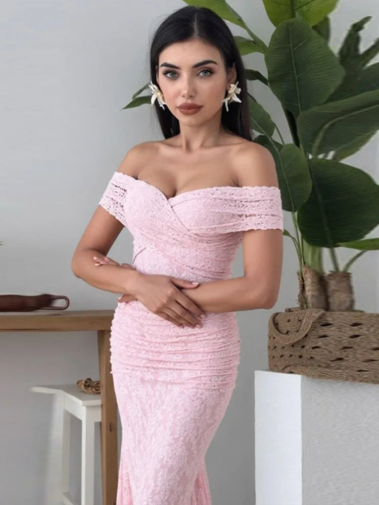 Maxy Chic Elegant Women Lace Evening Dresses Off-shoulder Pink Famale Mermaid Split Night Prom Formal Gowns For Party