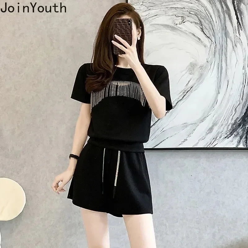 Maxy Tracksuit Two Piece Set Women Short Sleeve Hollow Out Tassel Tshirts Chic Casual Shorts Outfits Summer Sets Roupas Femme