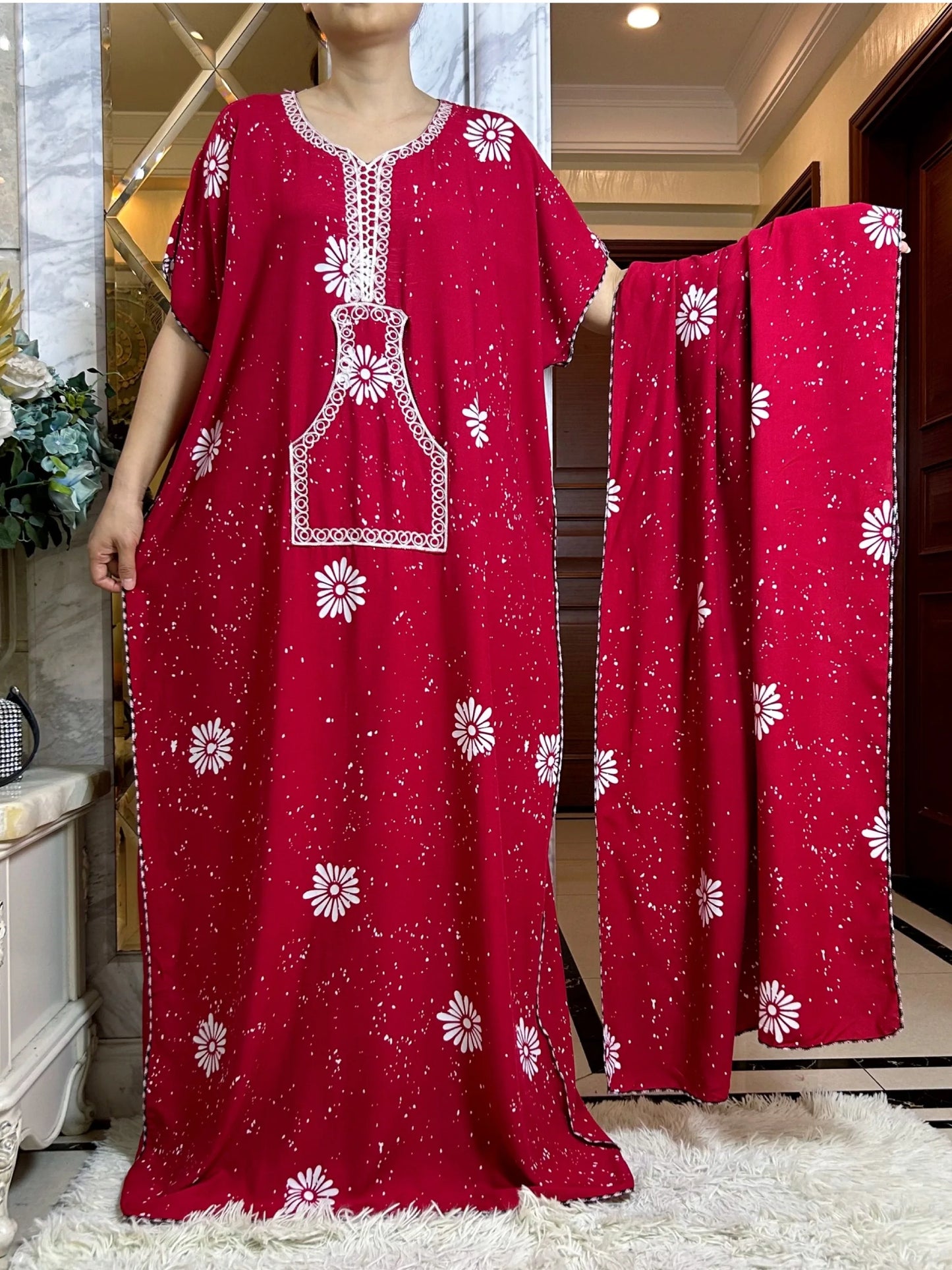 Macy Latest Autumn African Lady Dress with Big Scarf   Cotton Printed Loose Floral Boubou Pocket Maxi Islam Women Short Sleeve