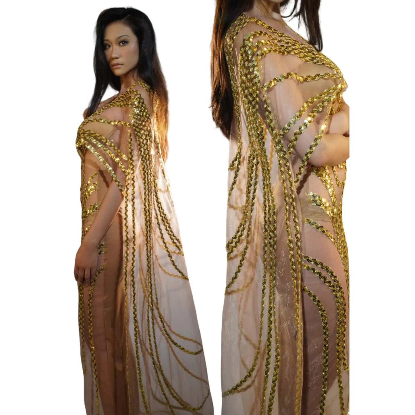 Maxy Sparkly Gold Sequins Mesh Celebrate Evening Prom Gown Long Dress Birthday Outfit Singer Stage Wear Show Costume Fengshui