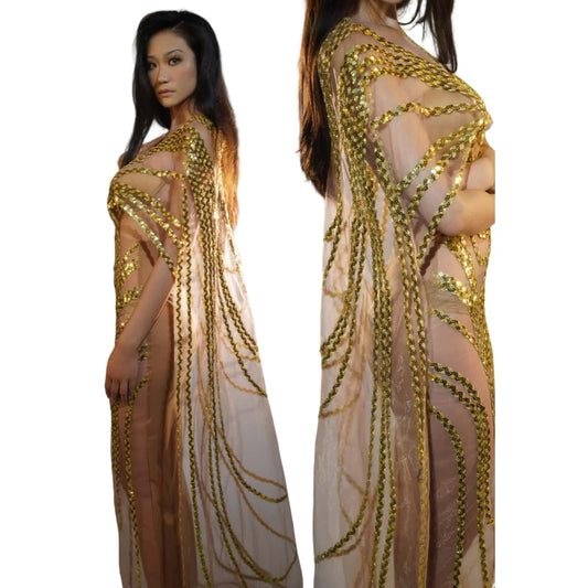 Maxy Sparkly Gold Sequins Mesh Celebrate Evening Prom Gown Long Dress Birthday Outfit Singer Stage Wear Show Costume Fengshui