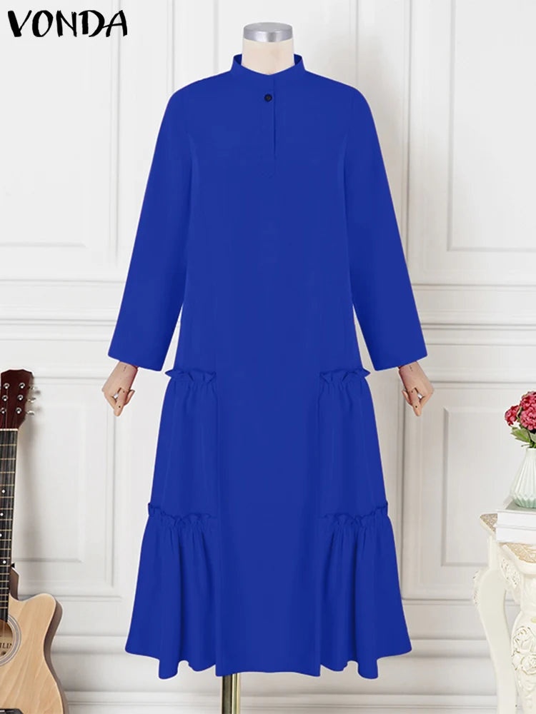 Maxy Plus Size VONDA Women Ruffled Maxi Long Dress Casual Solid Color A-Line Shirt Dress Stand Collar Long Sleeve Party Vestido