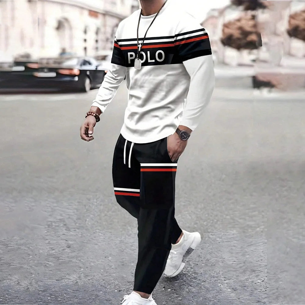 Visco Men's 2 Pieces Tracksuit Set Jogging Suits Casual Stripe Print Long Sleeve T Shirt And Drawstring Waist Pants Sweatsuits