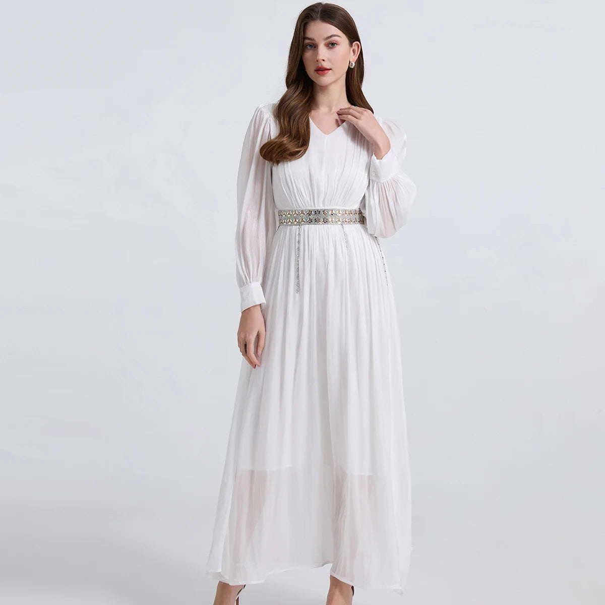 Maxy Solid Beaded Diamonds Ruffle Chiffon Satin Dress for Women‘s V-Neck Long Puff Sleeve Long Maxy Dress Evening Party Robes Femme