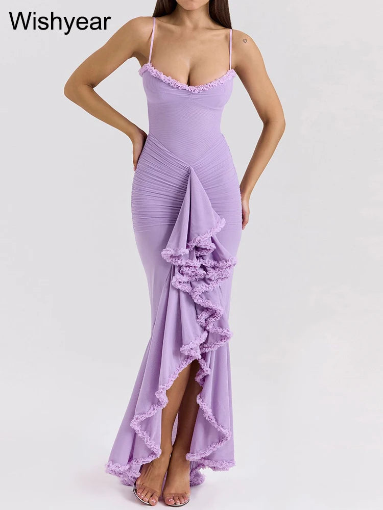 Maxy Women Sexy Spaghetti Strap Ruffle Irregular Bodycon Long Dress Elegant Boho Beach Party Evening Prom Birthday