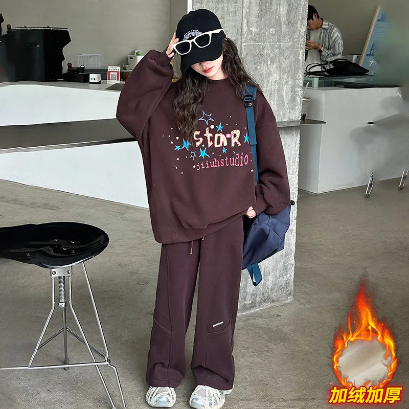 Maxy Girls Plus Fleece Sports Suit Autumn and Winter New Fashion Printed Hoodie Pants Two-piece Set Korean Simple Style