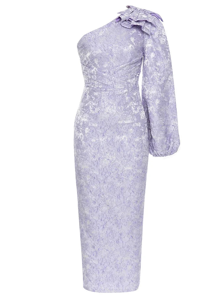 New One Shoulder Gaxy Long Slim Dress Women Purple Long Sleeve Ruffles Design Dresses Runway Celebrity Party Gowns