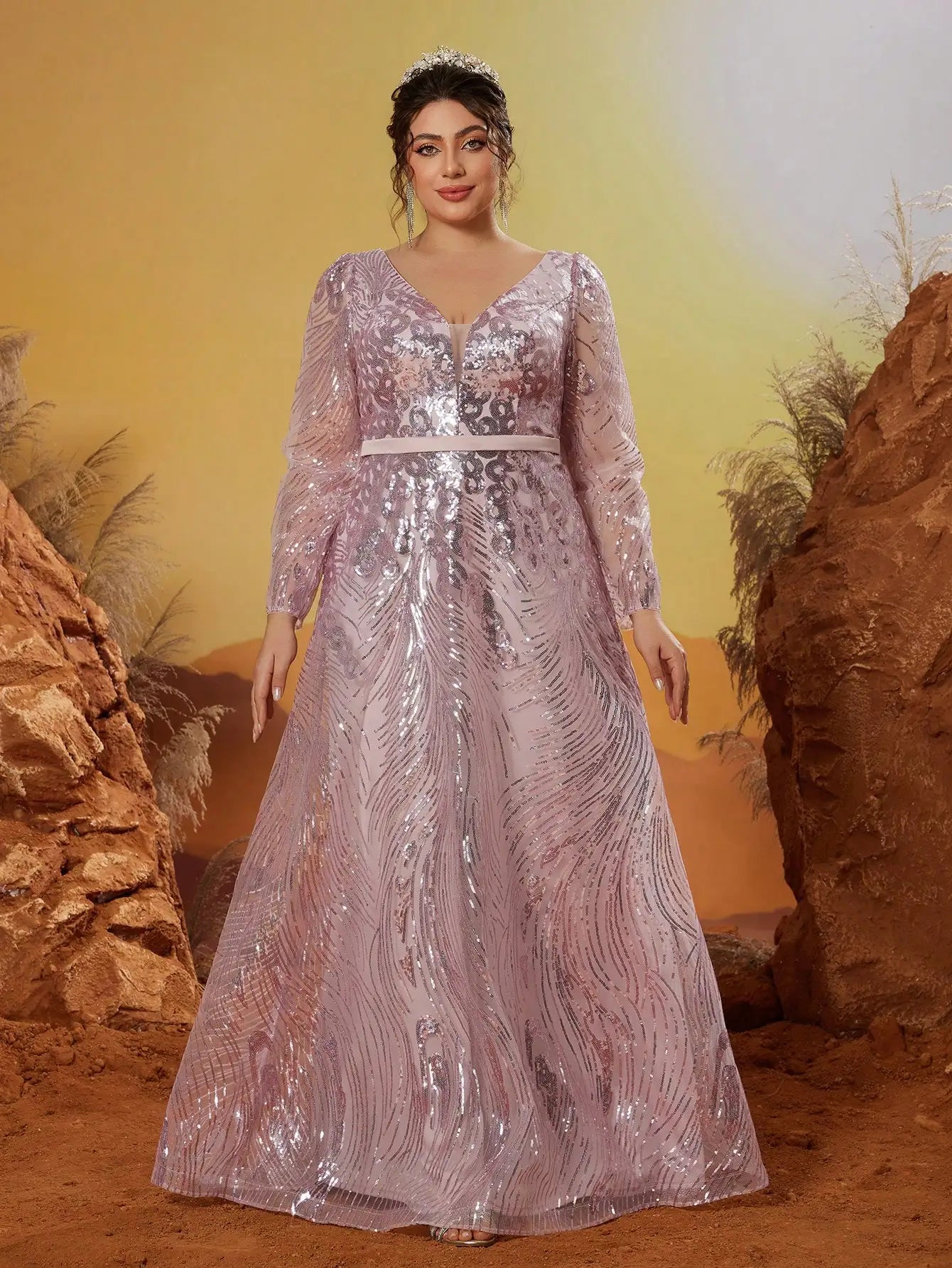 Maxy New Arrival V Neck Noble Large Size Evening Gown Dress Sequin Belt Long Dress