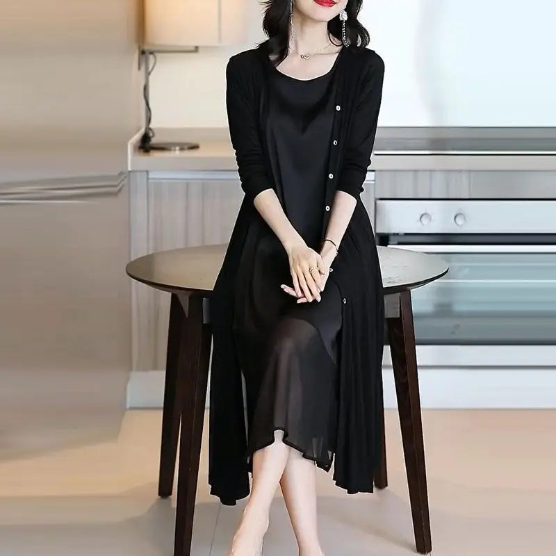 Maxy Casual Solid Color Patchwork Matching Sets Commute Single-breasted Spring Autumn Women's Clothing O-Neck Split Midi Dress Sets