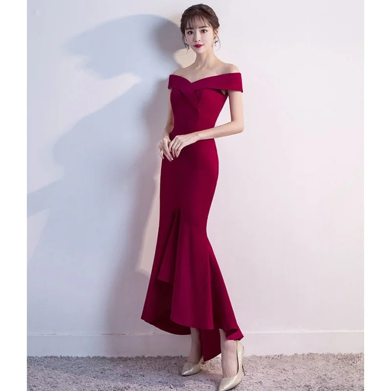 Maxy Evening Dresses Burgundy Sequins Stretchy Off the Shoulder Zipper Back Mermaid Trumpet Floor Knee Women Party Formal Gowns YE288