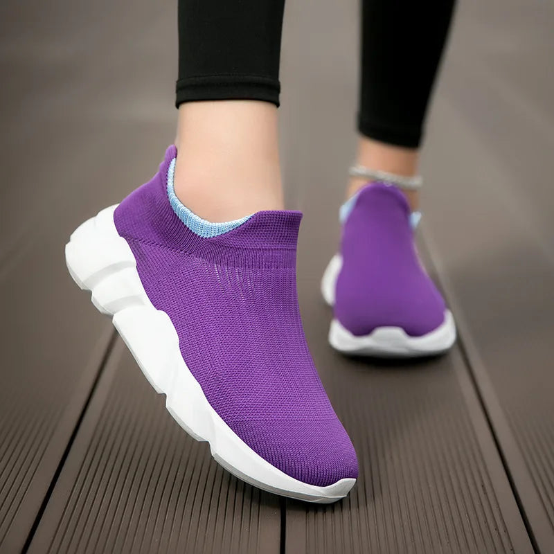 Maxy New Pink Women's Casual Sneakers Large Size 36-42 Comfort Breathable Socks Shoes For Women Slip-On Platform Loafer Shoes Womens