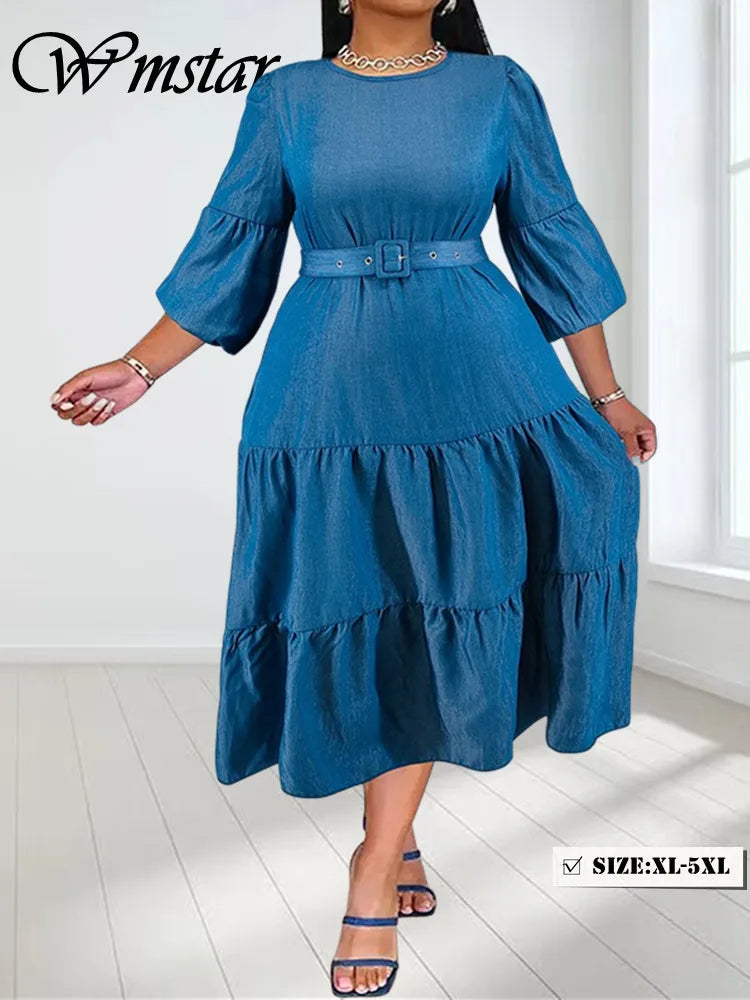 Maxy Plus Size Denim Dresses for Women Solid Long Sleeve Fashion Elegant New Maxy Dress with Bandage