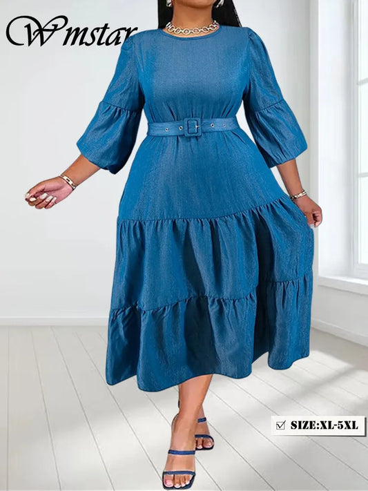Maxy Plus Size Denim Dresses for Women Solid Long Sleeve Fashion Elegant New Maxy Dress with Bandage
