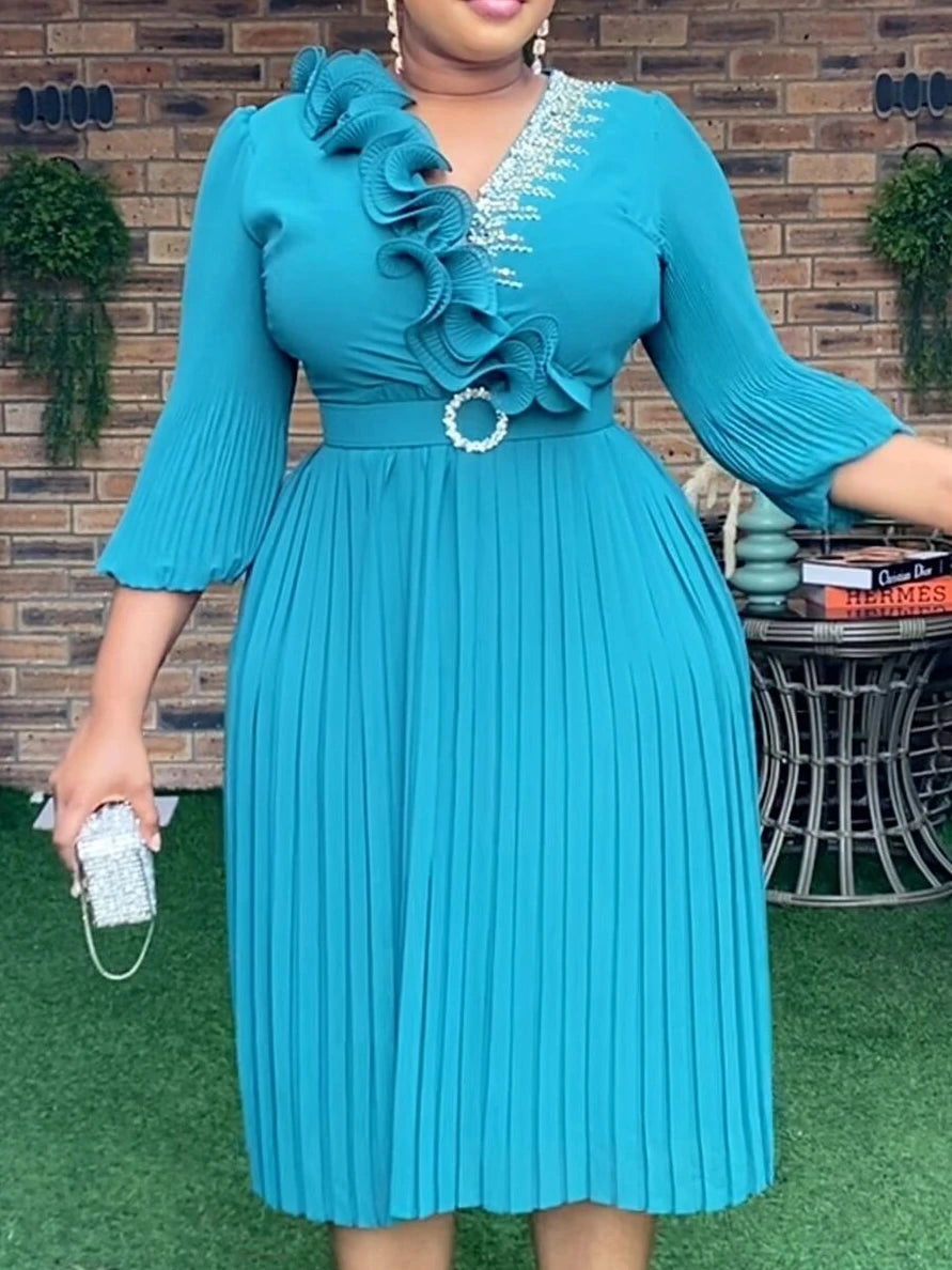 Amay Elegant Solid Color A-Line Dress with Tiered Design and Three Quarter Sleeves Featuring Rhinestone Details Party Evening Wear