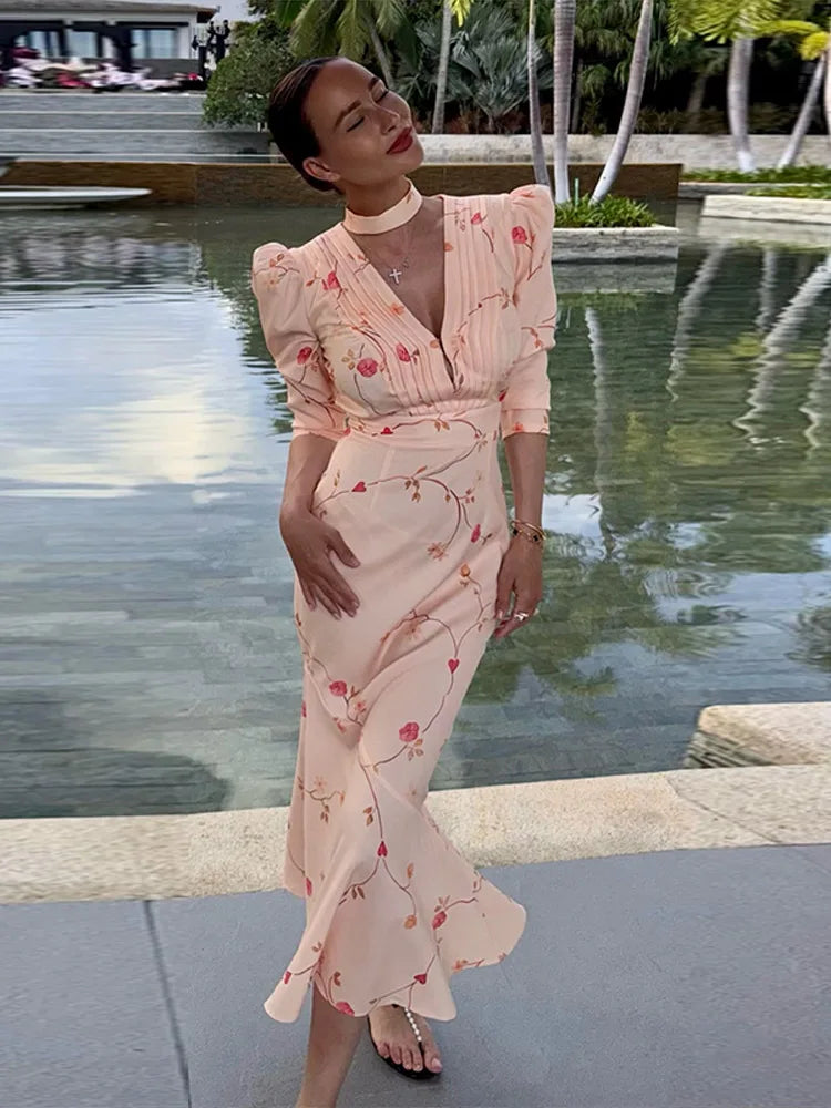 Maxy Print Deep V Shoulder Pad Long Dress Women Elegant Short Sleeve Waist Cinching Hip Package Sheath Party Dresses New Summer Robes
