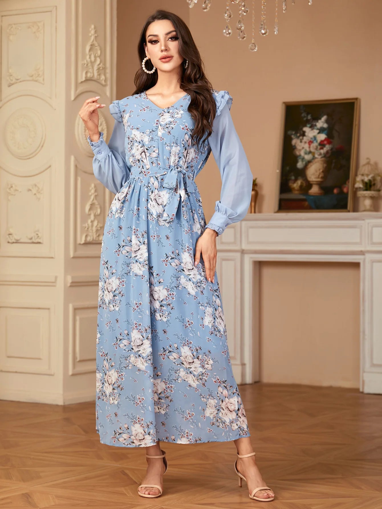 Maxy Fashion Women Floral Print Maxy Dress for Women Muslim Abaya Elegant Dubai Kaftan Turkey Arabic Robe Islamic Jalabiya Gown