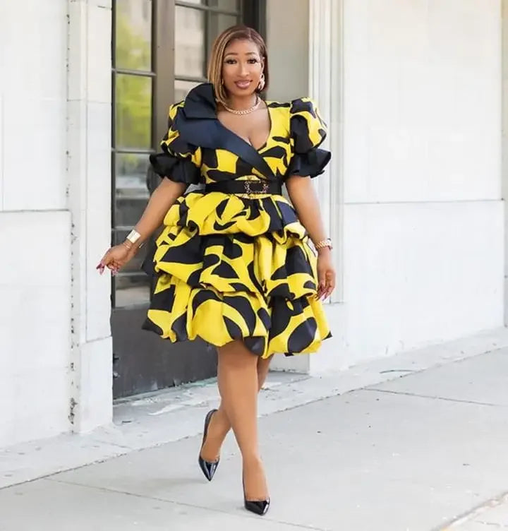 Maxy Polyester Printing Women Short Sleeve Plus Size V-neck Dress African Dresses for Women African Clothes Women S-5XL