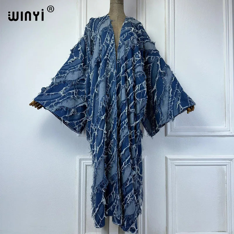 Maxy Kimono Washed jacquard denim with spliced raw edge Cardigan maxy Dress elegant Party Swimming beach Cover Up dress abaya