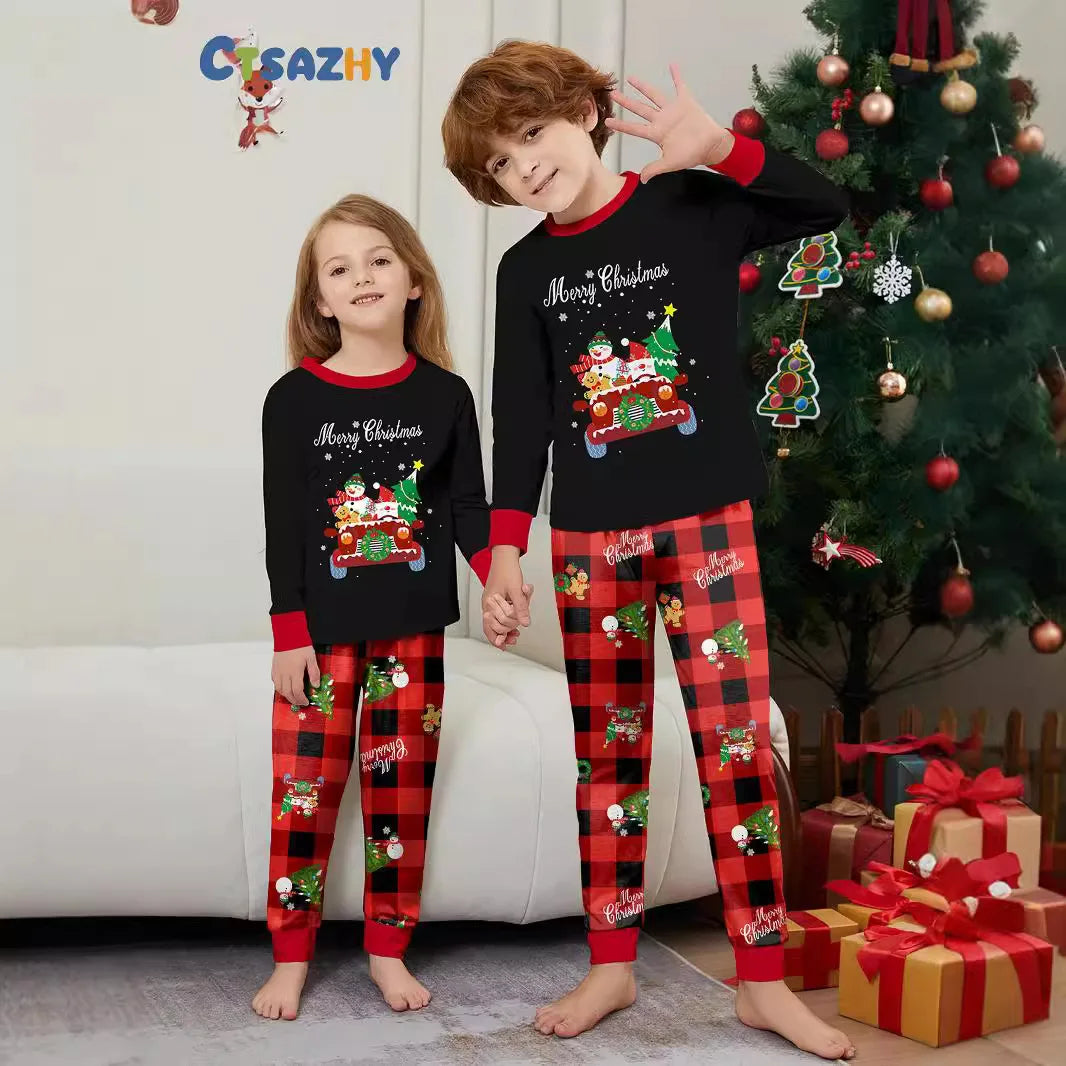 Christmas family suit New Year family suit Adult children family clothing Car snowman Christmas tree print home clothing pajamas