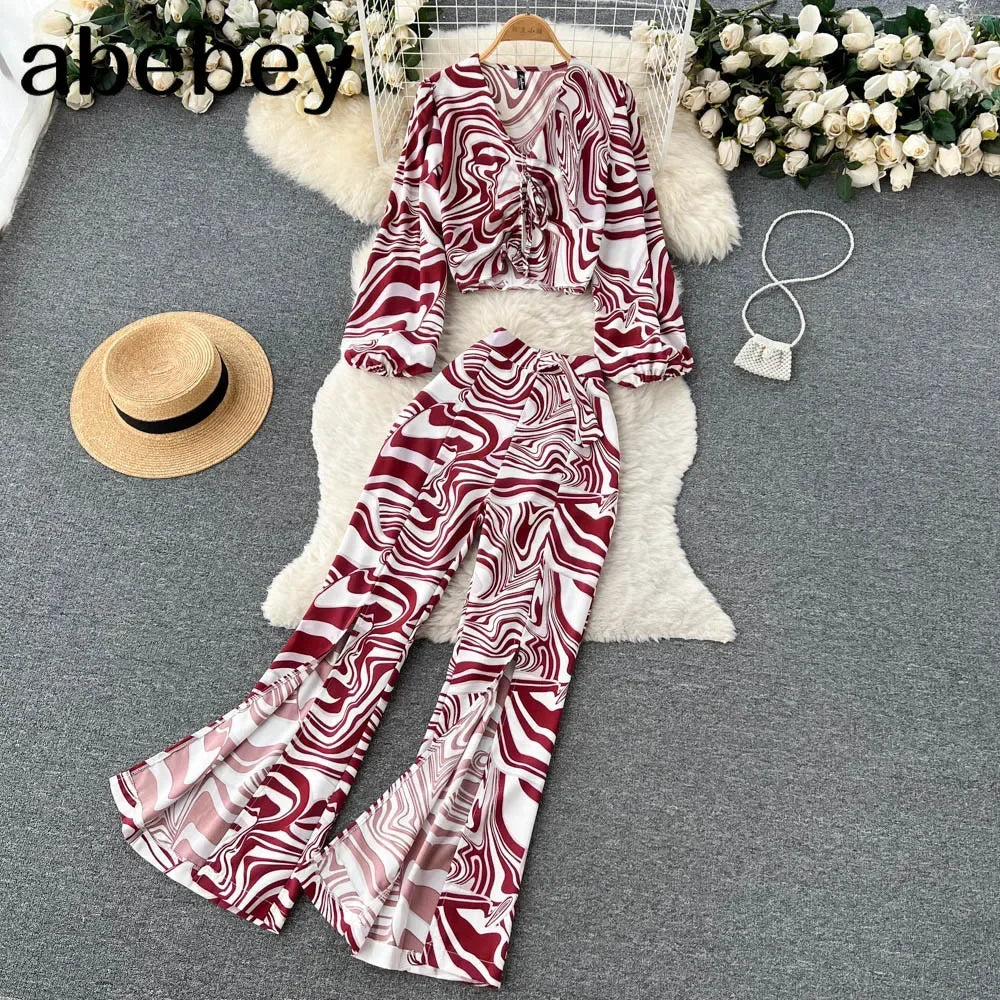 Maxy Summer Women Floral Printed Two Piece Set Sexy V Neck Lantern Sleeve Short Tops + Wide Leg Pants Suit Vacation Beach New