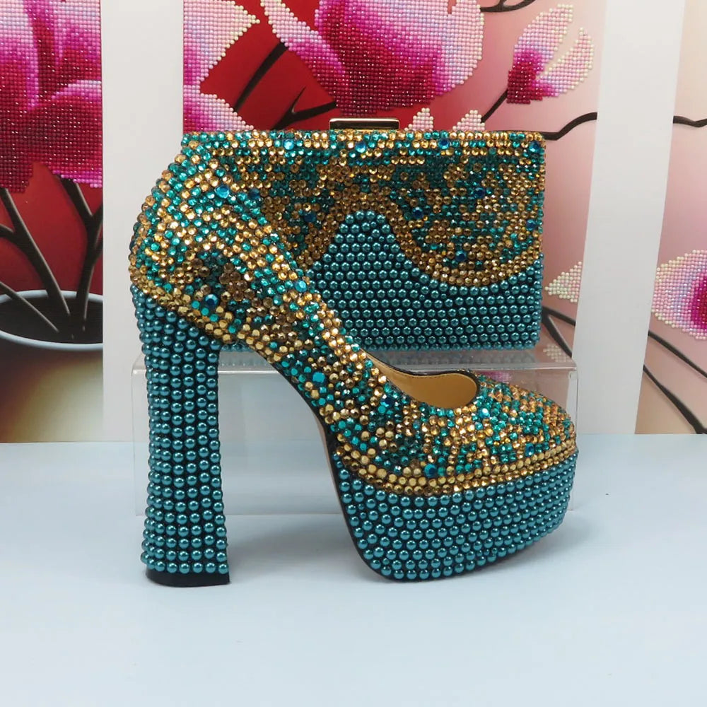 Maxy Fashion Teal Blue Mix Color Wedding Shoes and bag Set Woman 14CM High Pumps Thick Heel Party Shoes Matching Bag Round Toe Pumps