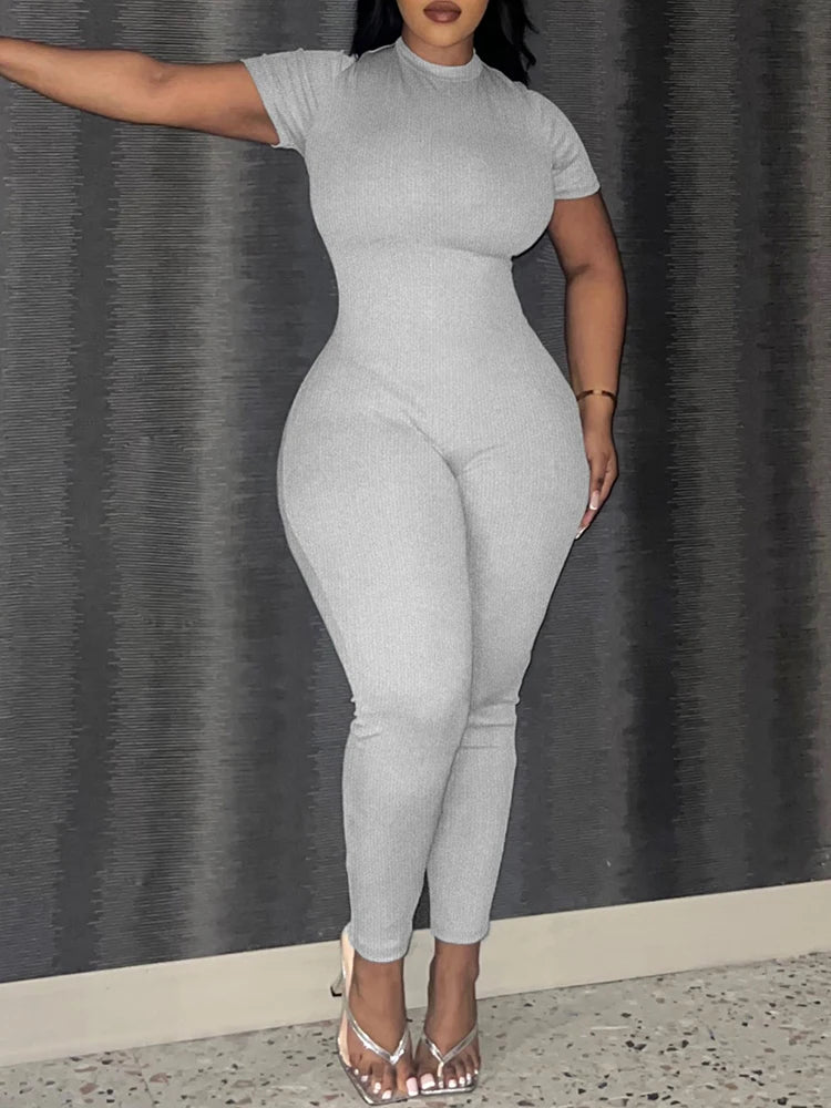 Maxy Autumn Large Size Full Jumpsuit Women Fashion Casual Short Sleeve Round Neck Solid Bodysuit Plus Size Womens Clothing