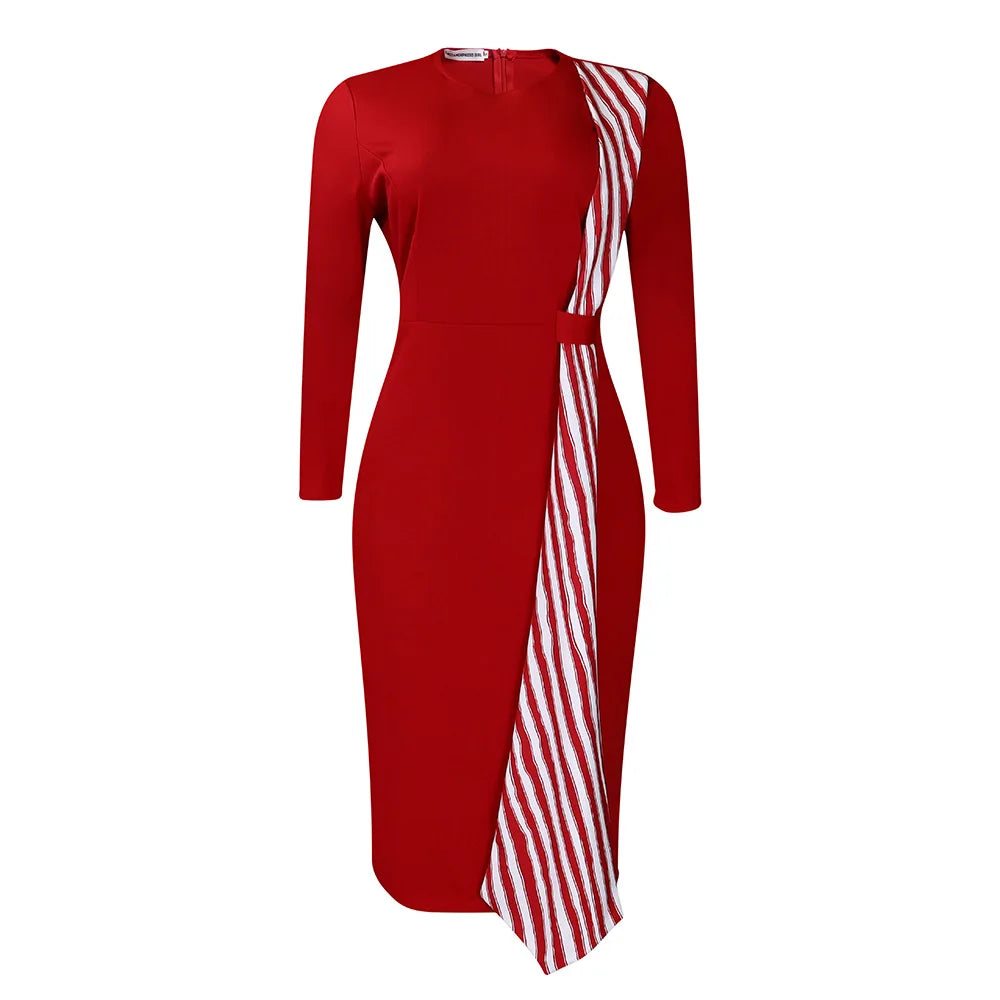 Maxy Elegant Church Dresses for Women O Neck Patchwork Striped Fabric Slim Classy Female Office Ladies Fashion Modest Gowns