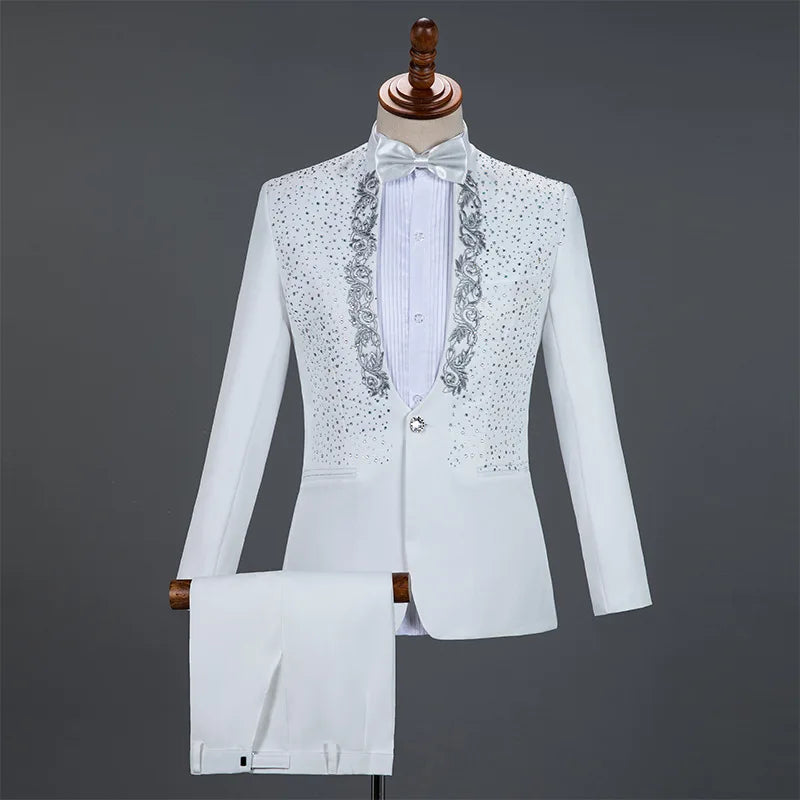 Amay Royal Blue Sequin Embroidery Suit Men Wedding Groom Tuxedo Suits Pants Mens One Button Peak Lapel Stage Costume Traje Hombre 2XL