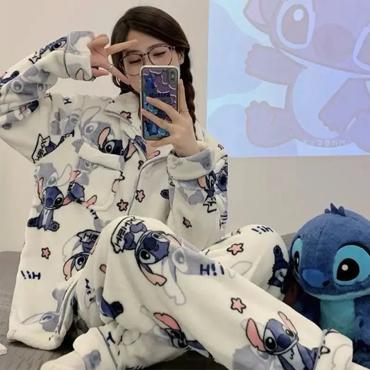 New Stitch-themed Max Plush Fluffy Sleepwear Pajamas Women's Autumn and Winter Flannel Thickened and Velvet Home Casual 2 Pcs Set