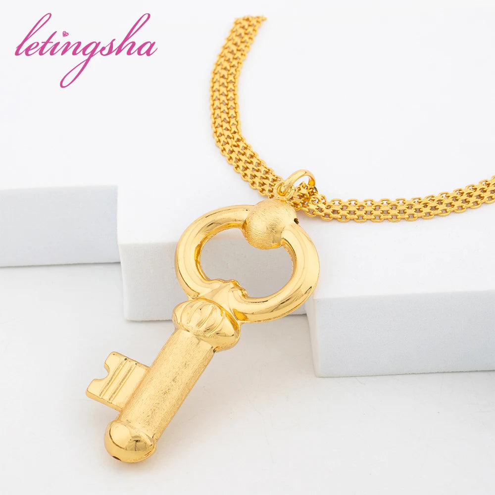 Amay Copper Gold Plated Jewelry Set Hip Hop Key Design Necklace Earrings Luxury Classic Bangle Ring Set Daily Wear Party Gift
