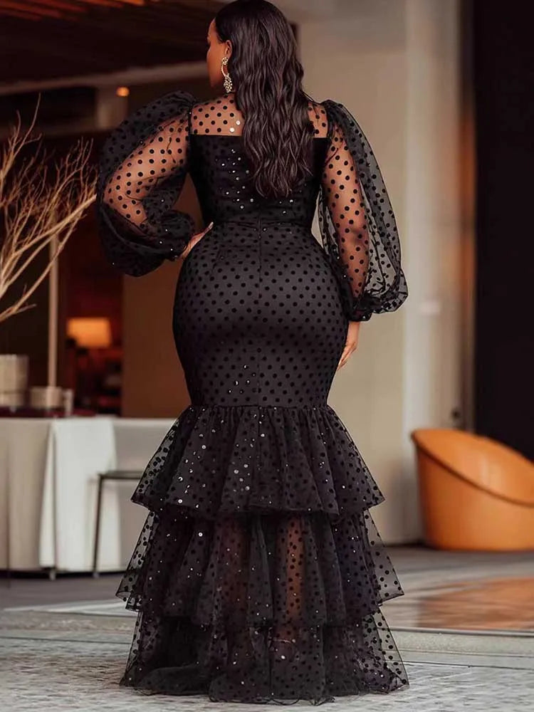 Maxy Sexy Dresses Woman Flocking Stacked Rushed Maxy Mermaid Dress Dot Mesh Puff Sleeve Long Black Party Dress Plus Size Chubby Dress