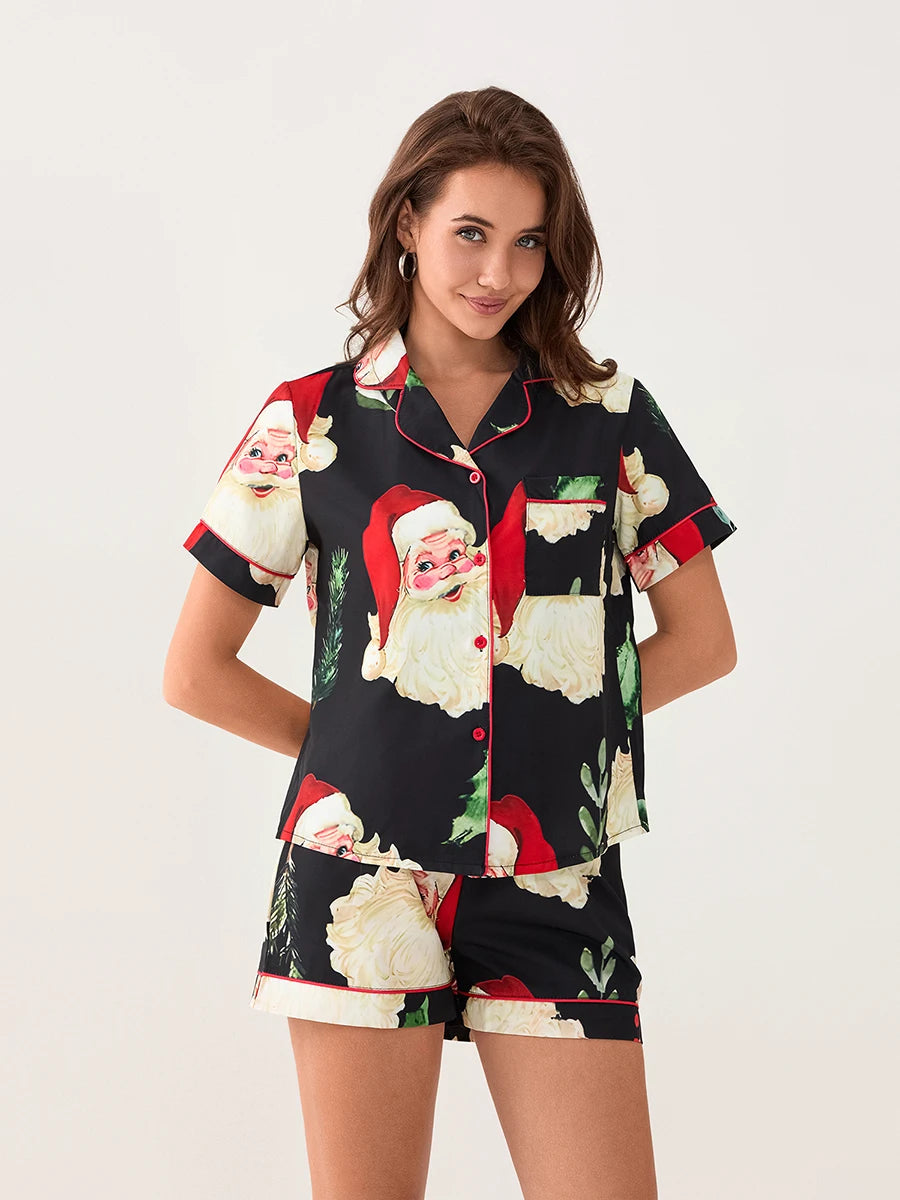 Women s Christmas Pajama Set Lapel Neck Short Sleeve Tops Elastic Waist Shorts Santa Claus Avatar Print Sleepwear Outfits