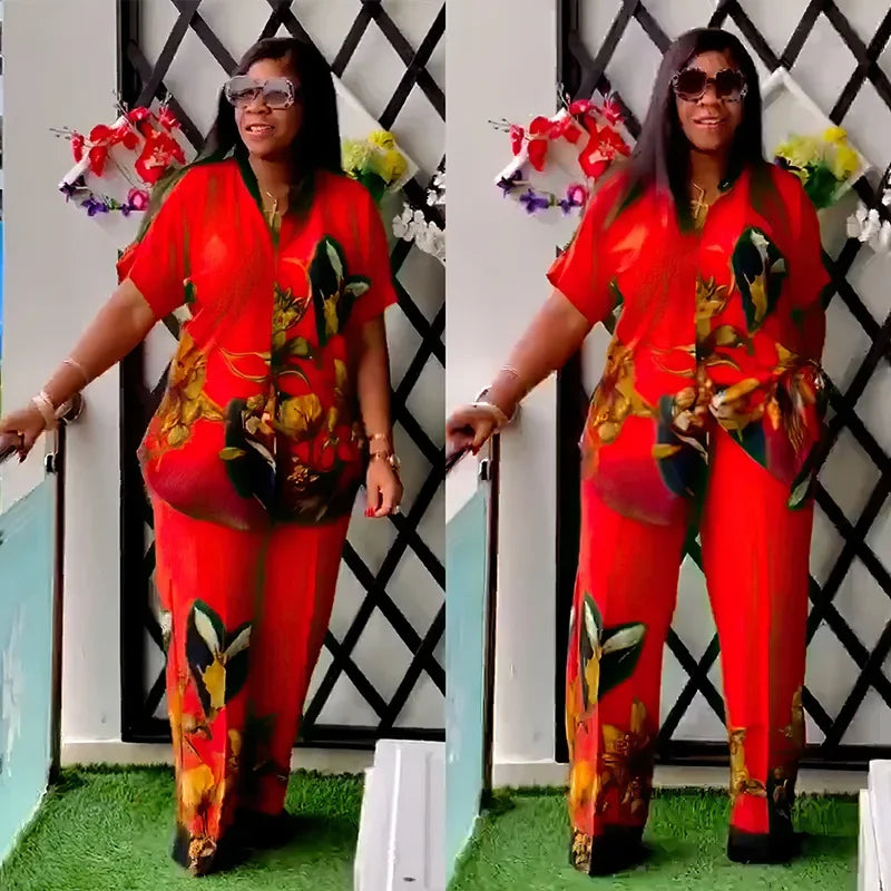 Maxy African Print Matching Sets for Women Satin Tops Pants Summer Blouse Trousers Suit Africa Clothing