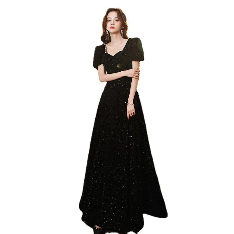 Maxy Fashion black evening dress 2024 new temperament annual meeting student art test dress elegant celebrity banquet