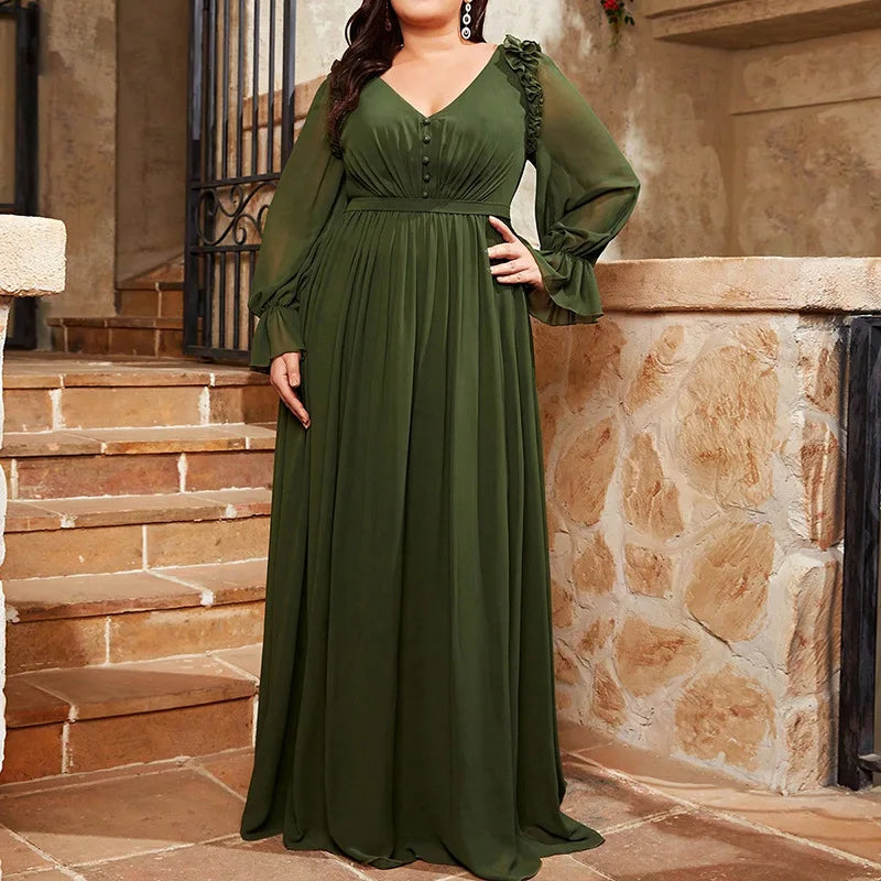 Maxy Plus Size Elegant Green Women's V-Neck Dress Large Size Lantern Long Sleeve Skirt Evening Gown Ball Party Maxy Dresses
