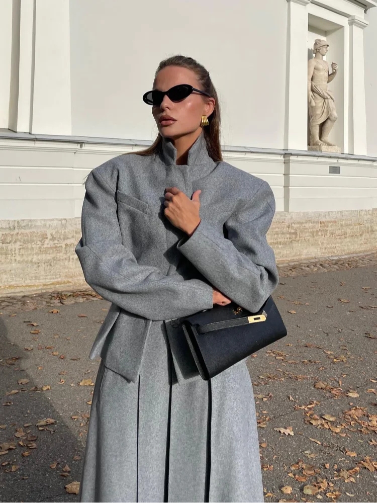 Maxy Women Fashion Solid Woolen Skirt Suits Elegant Stand Collar Full Sleeve Coat Loose Pleated Long Skirts Set Fall Chic Lady Outfit