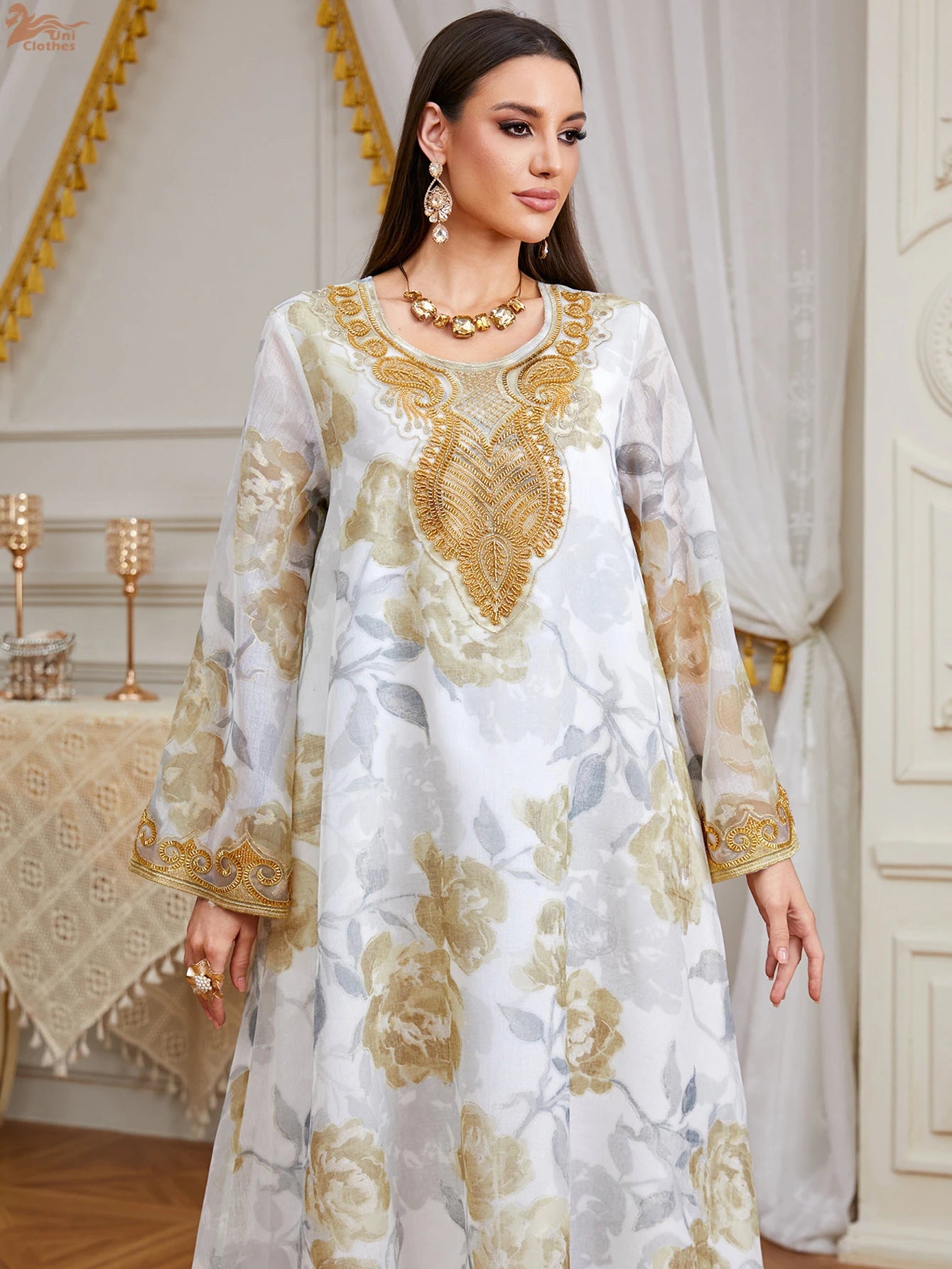 Zahraa 2026 Eid Muslim Beaded Printed Long Dress Elegant Modest Abaya Islam Clothing Dubai for Woman Party Dresses Jalabiya Gown